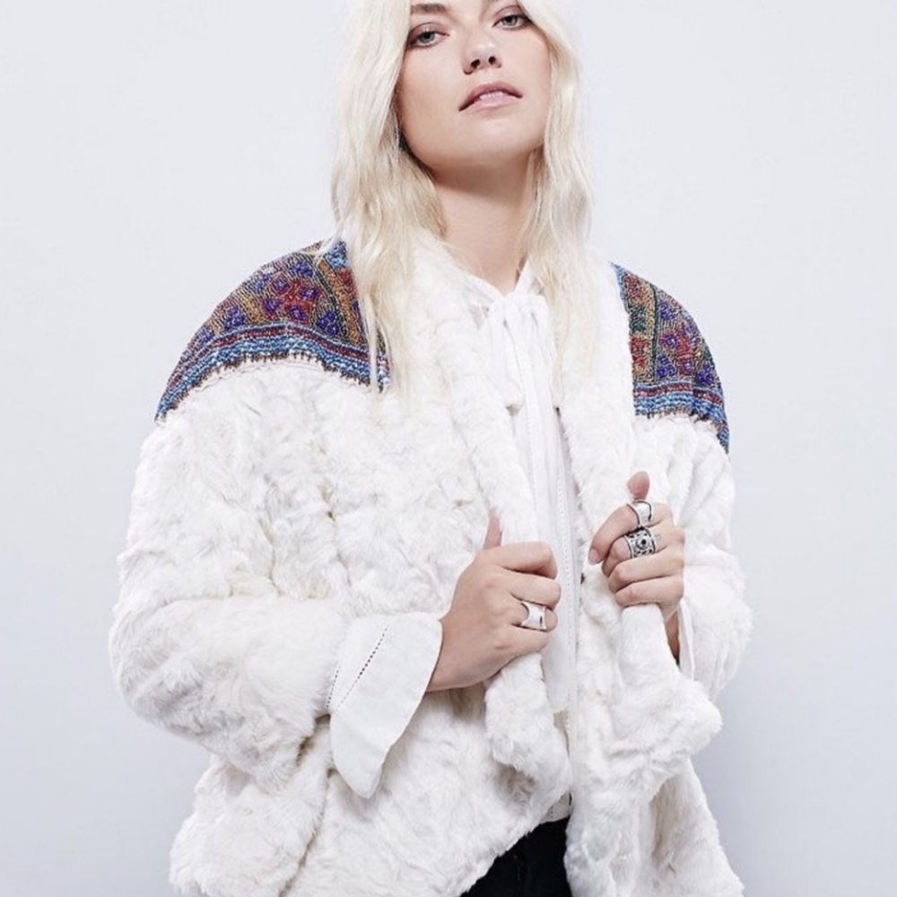 Free People Patched in Prine Beaded Furry Coat S